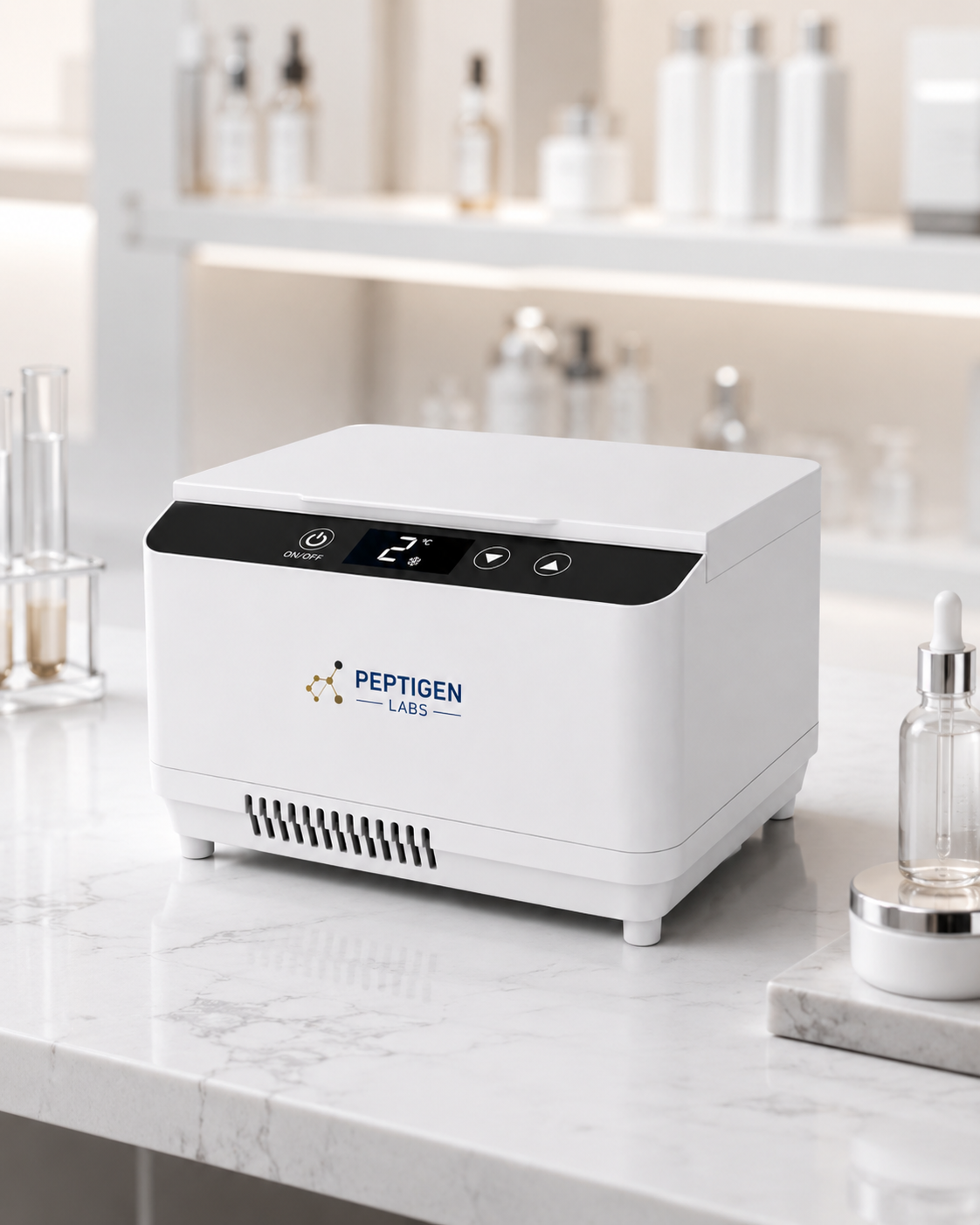 PeptiChill cooler on a white marble countertop alongside research vials